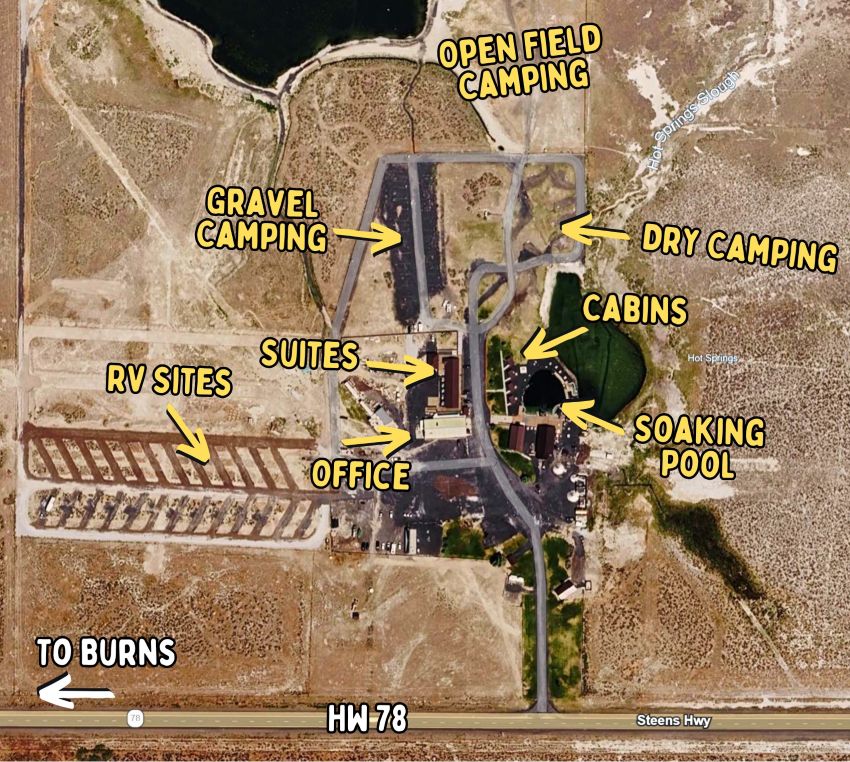 A map of Crane Hot Springs.