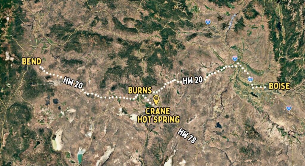 A map showing the location of Crane Hot Springs near Burns Oregon.