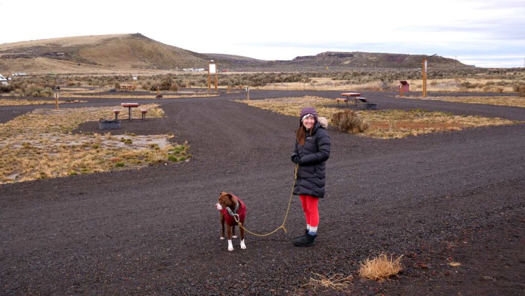 Abby checking out some of the RV sites at Crane Hot Springs.