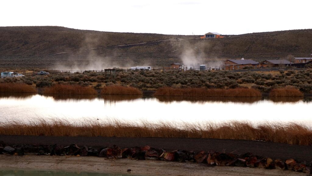 Mist rising off the hot springs.