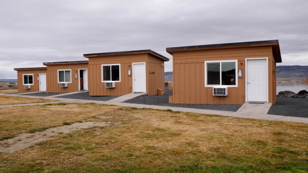 The mini cabins are the closest to the soaking pool.